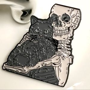 Skeleton & Kitty Cat grey enamel & metal pin NWB